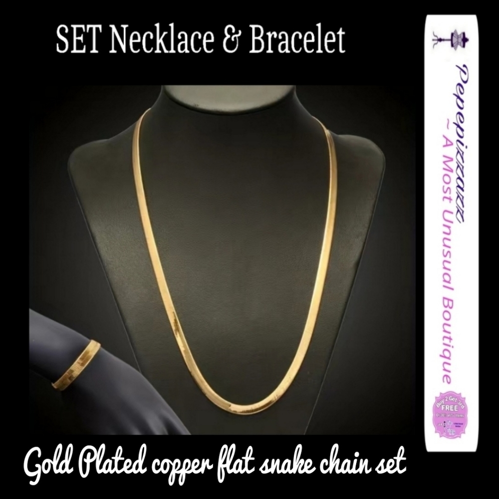 2pcs/set Snake Chain Necklace High Quality Flat Necklace &  Bracelet. GP copper
